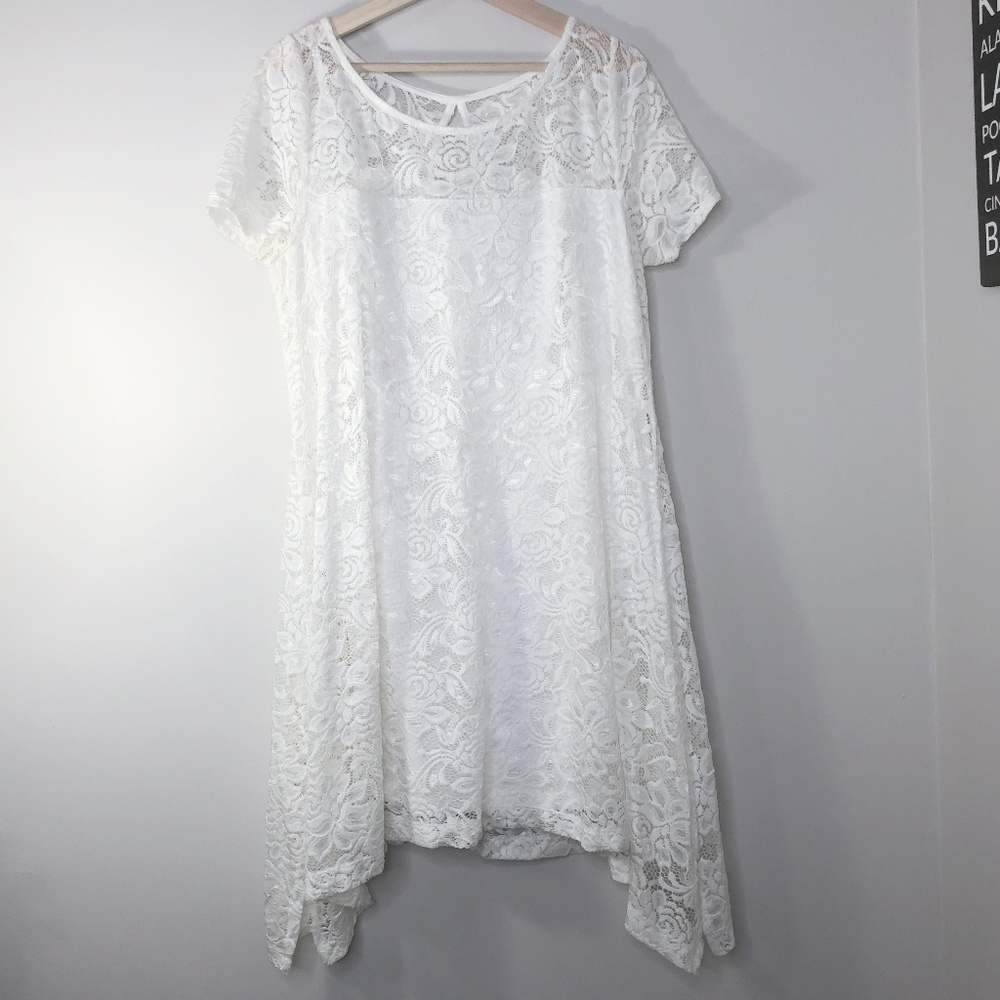 Roz & Ali Ivory Lace Handkerchief Hem SS Dress XL